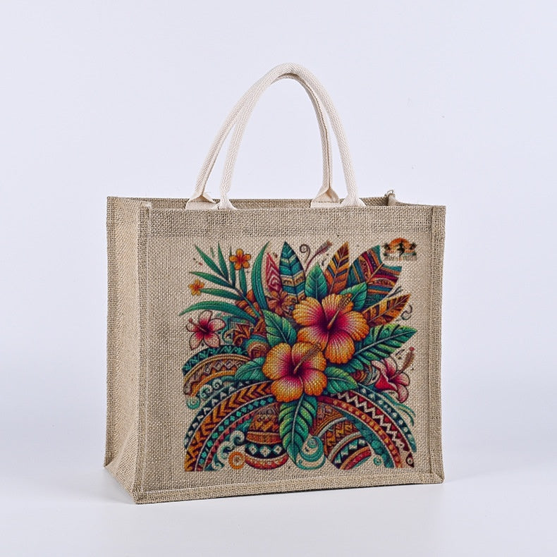 Front view of Siva Vibe multi-color jute burlap beach and shopping bag — large, reusable, and tropical-inspired