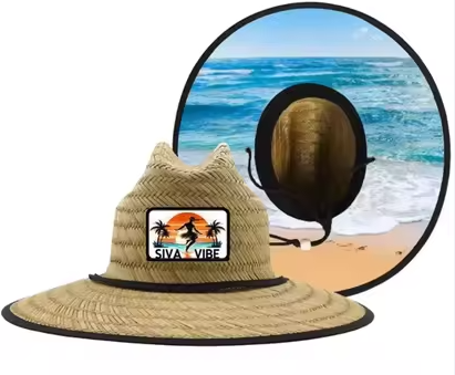 Front and underside views of Siva Vibe straw beach hat showing woven crown and tropical beach print underbrim