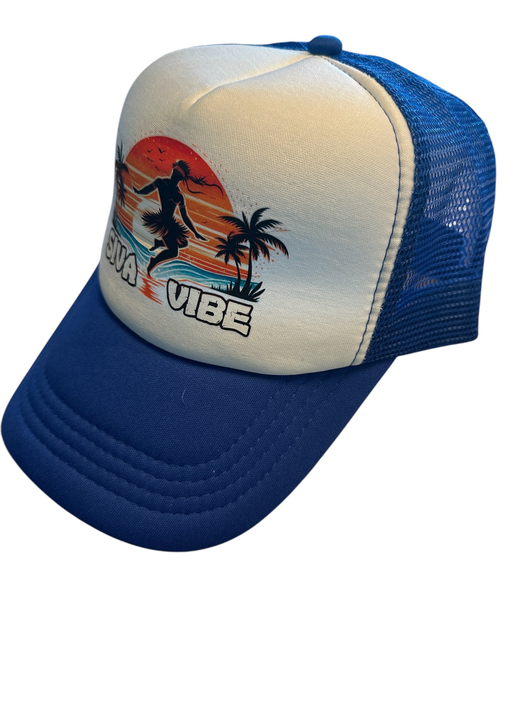Siva Vibe logo hat with white front and blue bill — breathable foam mesh and sublimated island-inspired design