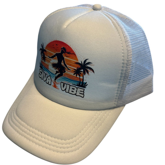 Siva Vibe logo foam trucker hat with white front and white bill — featuring sublimated cultural design for a clean island look