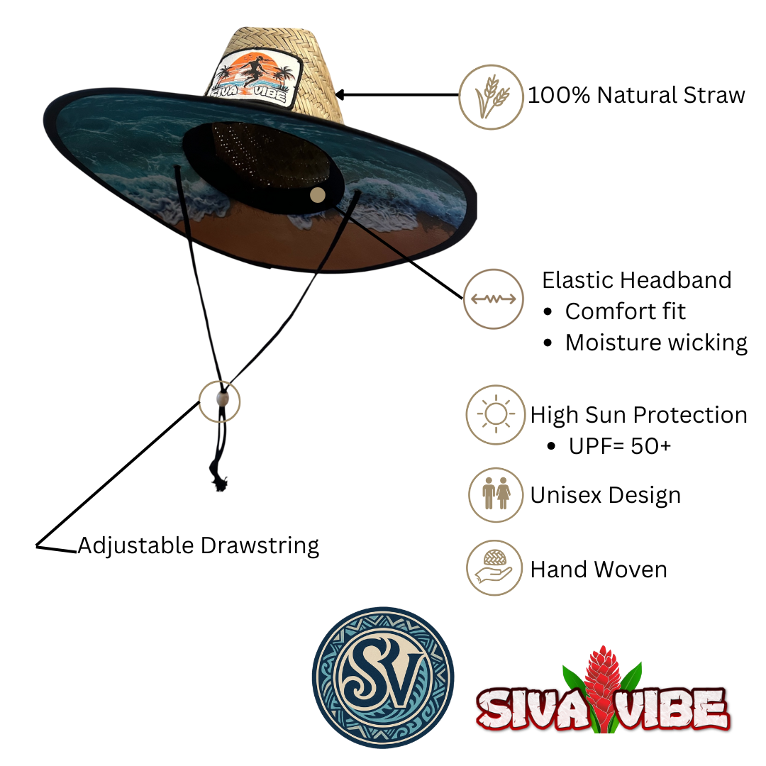 Siva Vibe straw lifeguard hat with labeled features — breathable crown, chin cord, and vibrant beach print underbrim