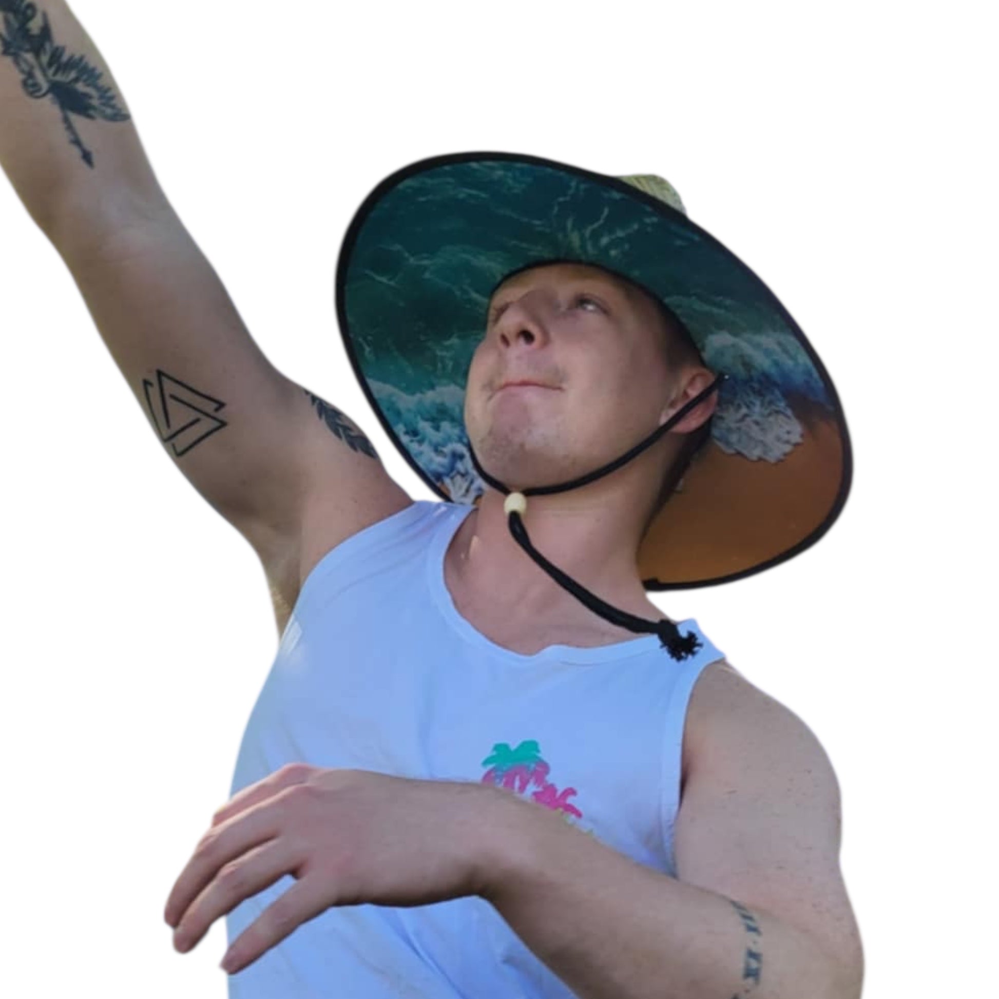 Man wearing Siva Vibe straw lifeguard hat on the beach — stylish sun protection with island flair