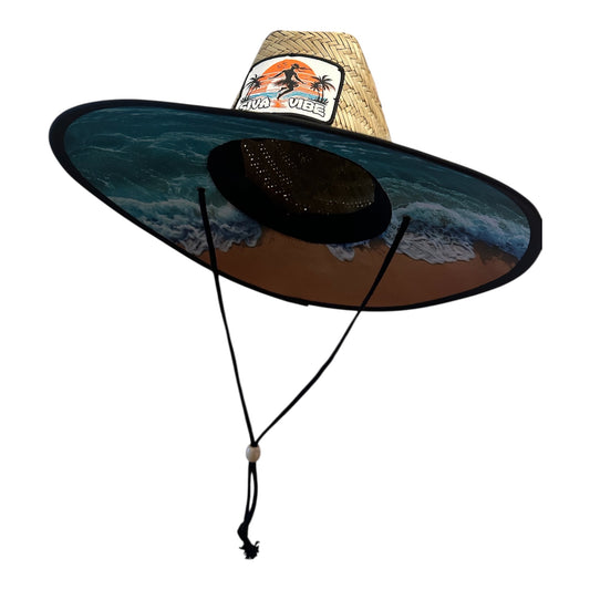 Full view of Siva Vibe straw lifeguard fishing hat with wide brim and tropical underbrim — perfect for beach days and outdoor adventures