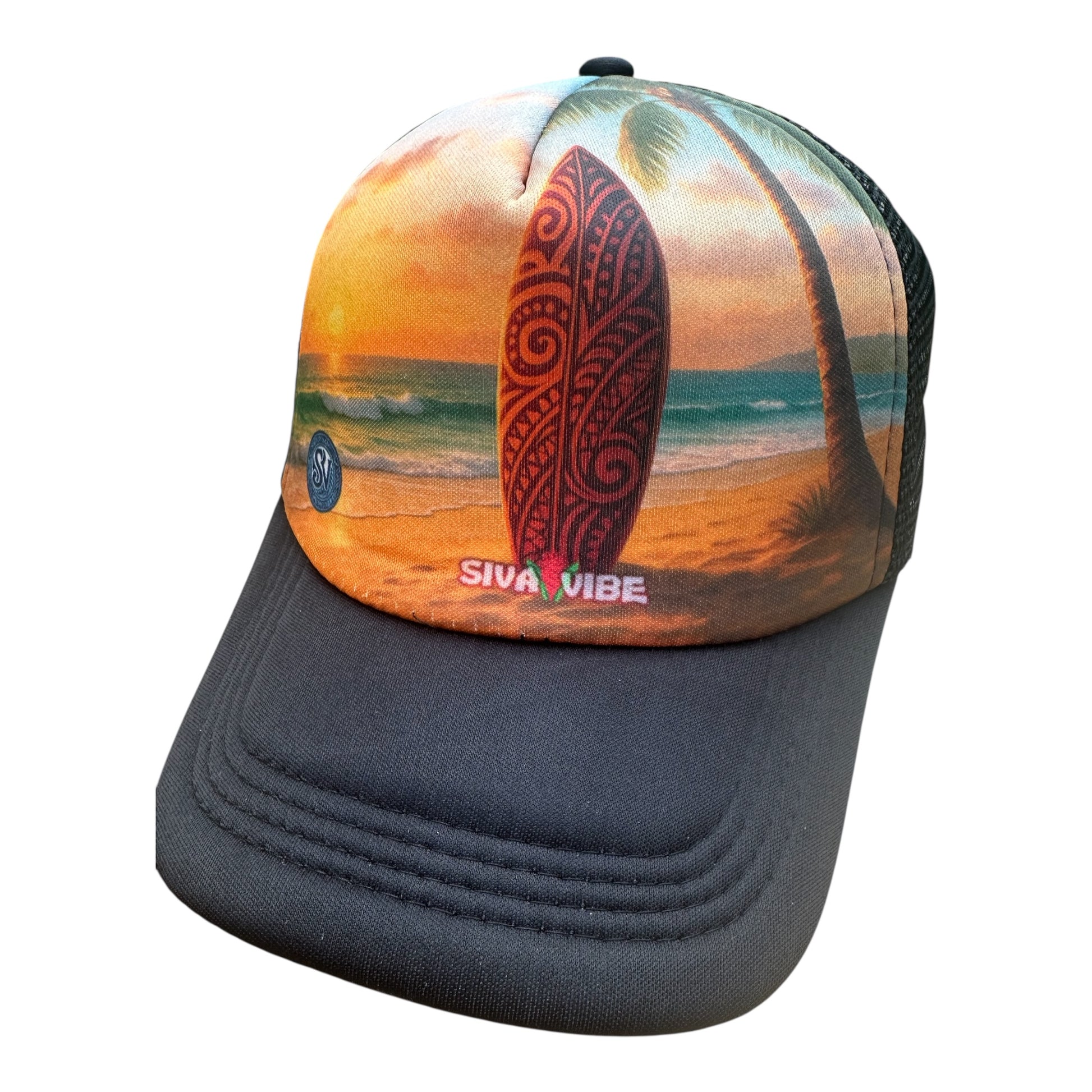 Sunset Mana Foam Trucker Hat in Black – Front View – Polynesian Surf Style by Siva Vibe