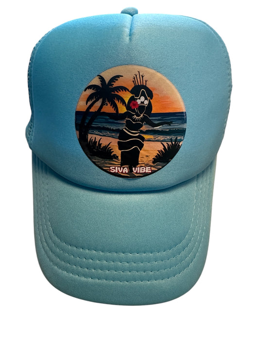 Taupou foam mesh hat by Siva Vibe in baby blue with detailed sublimated Taupou print — tropical and cultural island wear