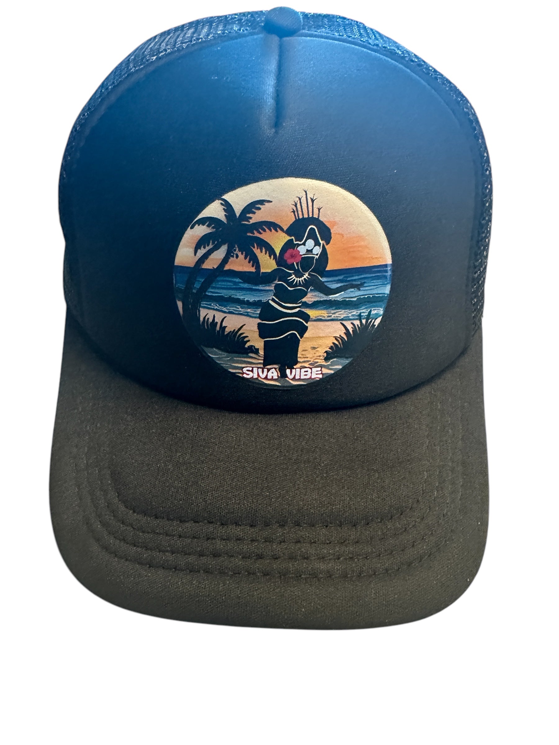 Taupou foam mesh trucker hat by Siva Vibe in black with sublimated Samoan design — bold cultural statement with breathable fit