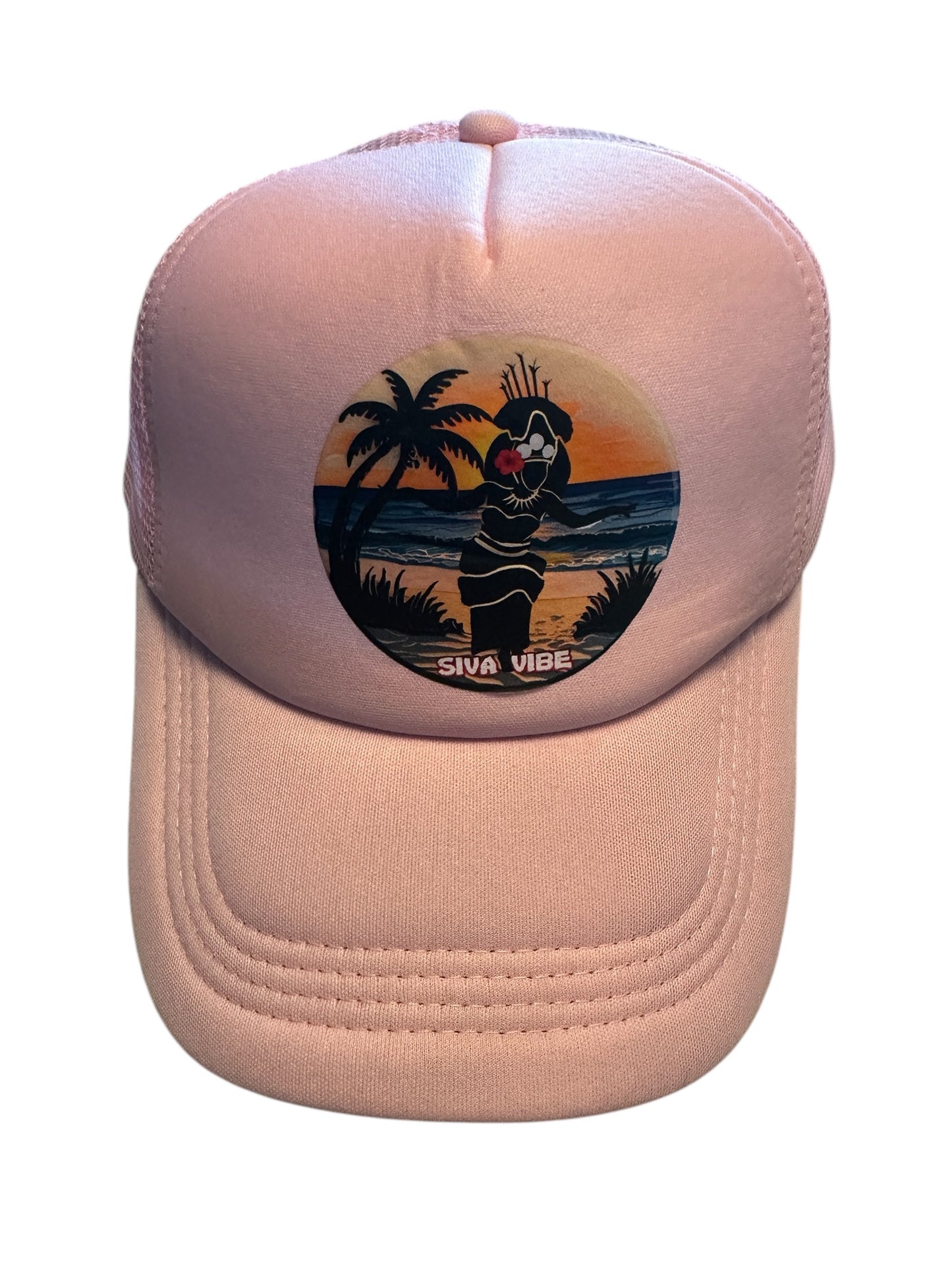 Pink Taupou foam mesh trucker hat by Siva Vibe with Samoan-inspired sublimated design — fun, cultural, and breathable