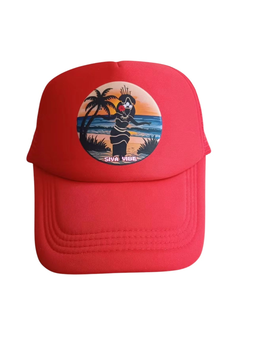 Red Taupou foam trucker hat by Siva Vibe featuring Polynesian-style sublimated artwork — vibrant island fashion