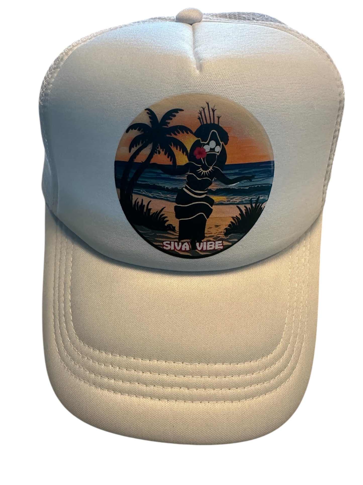 White Taupou foam trucker hat by Siva Vibe with sublimated traditional Samoan design — clean island look with cultural roots