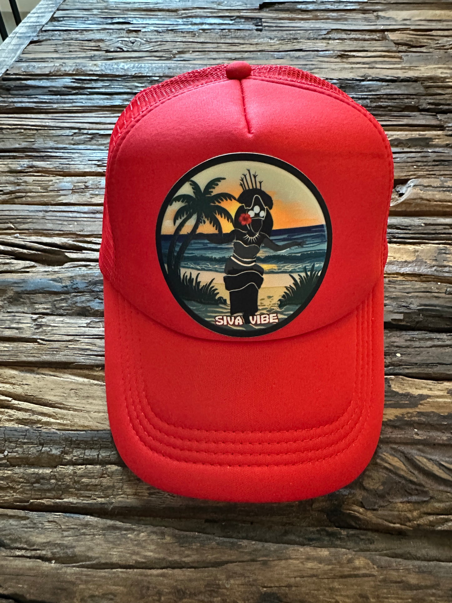 All-red Taupou foam trucker hat by Siva Vibe featuring  Samoan patch — island pride in every stitch