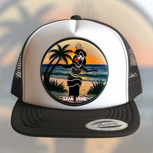 Samoan Taupou patch hat by Siva Vibe with white front and black mesh — foam trucker hat with embroidered island design