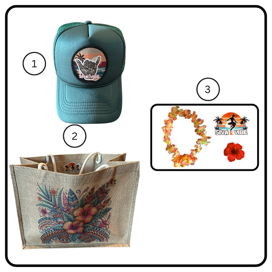Waikiki Bundle by Siva Vibe featuring matching beach hat, tote bag, and accessories inspired by island life